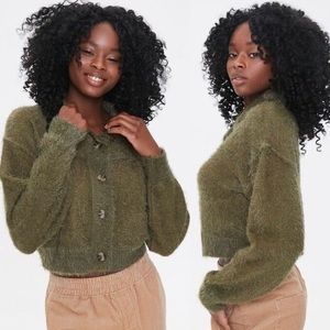 Forever 21 fuzzy knit cardigan cropped olive green SMALL never used
